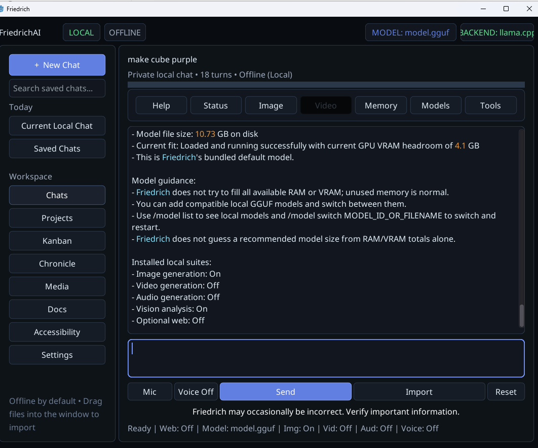 Actual FriedrichAI Windows application showing its workspace, local model status, navigation sidebar and chat interface